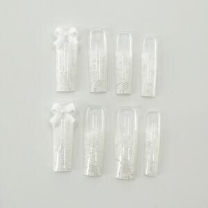 24Pc Bridal Lace Press On Nails, 3D Bows & White Net Art, Long Nails Elegant